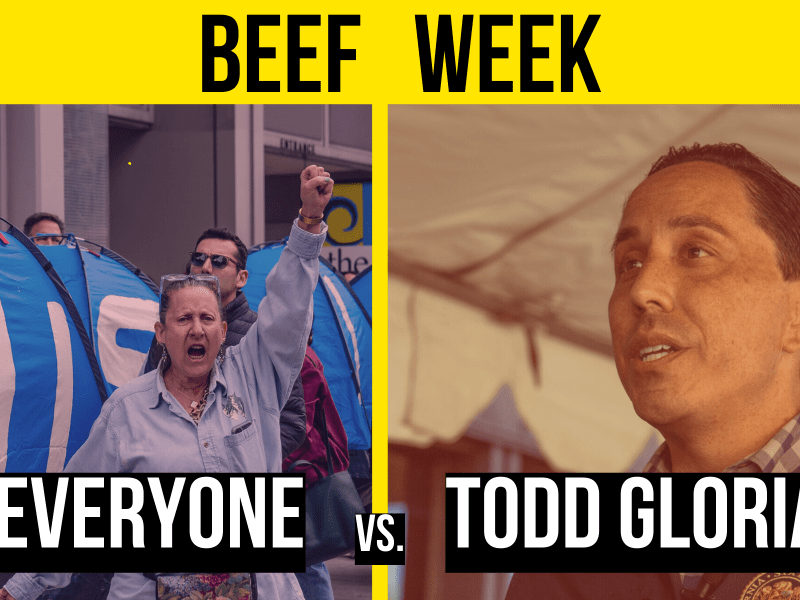 Todd Gloria and a protestor in side by side images