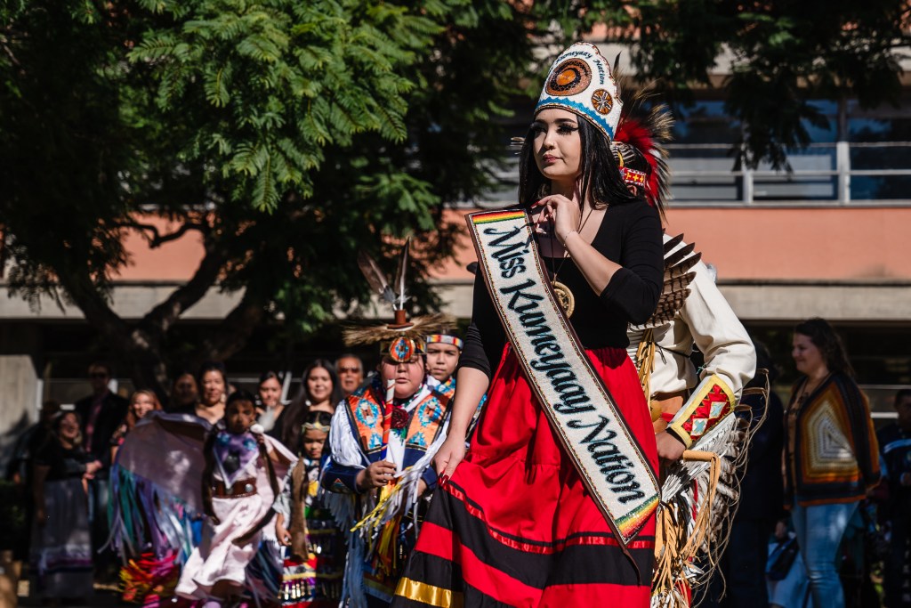 Harmony Sweetgrass, Miss Kumeyaay Nation at the Kumeyaay Band flag raising ceremony at San Diego Unified in University Heights on Nov. 3, 2023.