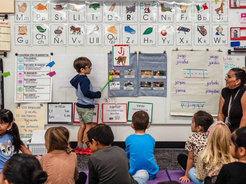 Karla Cortez teaches Spanish to kindergarten students at Fahari L. Jeffers Elementary School in Chula Vista on Nov. 7, 2023.