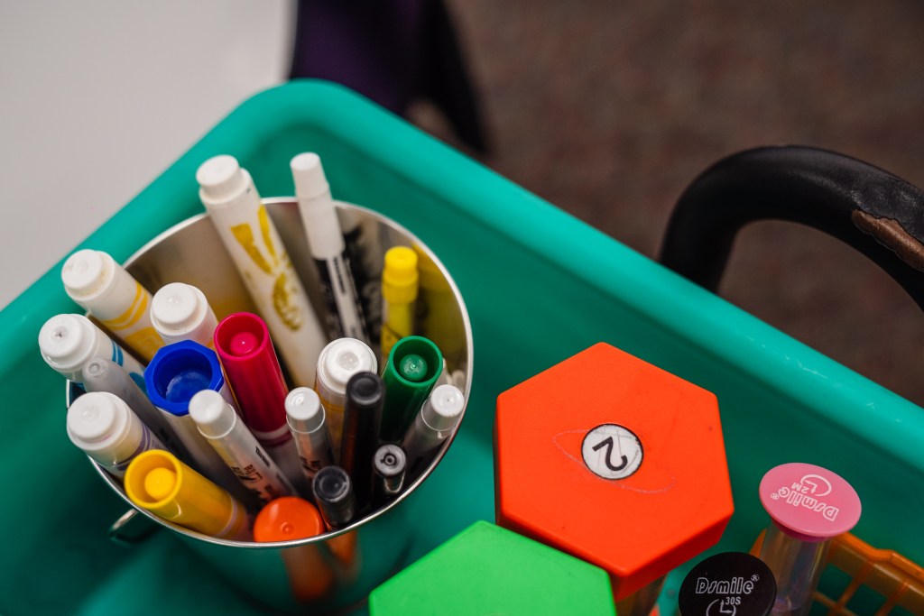 Markers sit on a table in a classroom at Madison Elementary School in El Cajon on Nov. 9, 2023.