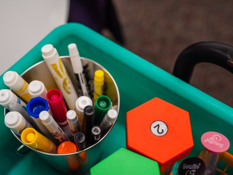 Markers sit on a table in a classroom at Madison Elementary School in El Cajon on Nov. 9, 2023.