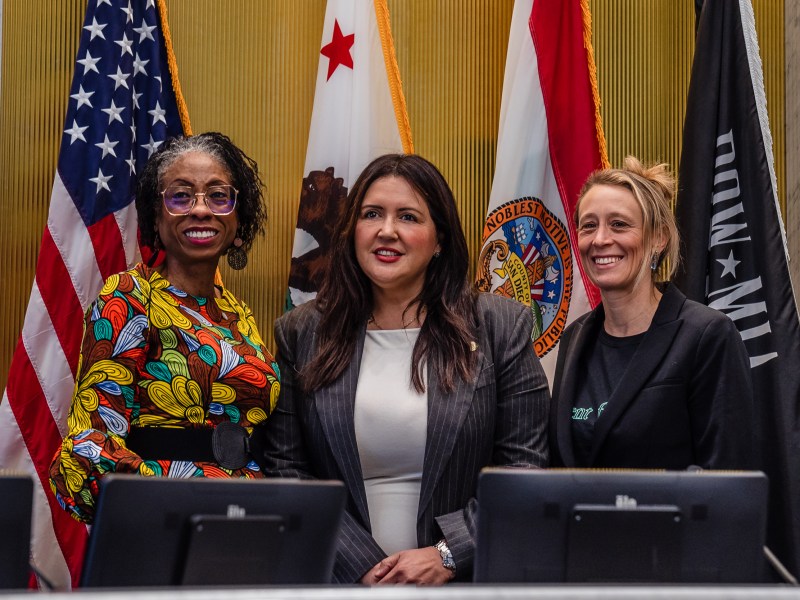San Diego County Supervisor for District 4 Monica Montgomery Steppe (left), Chair Nora Vargas (center) of District 1 and Vice Chair Terra Lawson-Remer of District 3 pose for a photo at the San Diego County Administration Building in downtown on Dec. 5, 2023.
