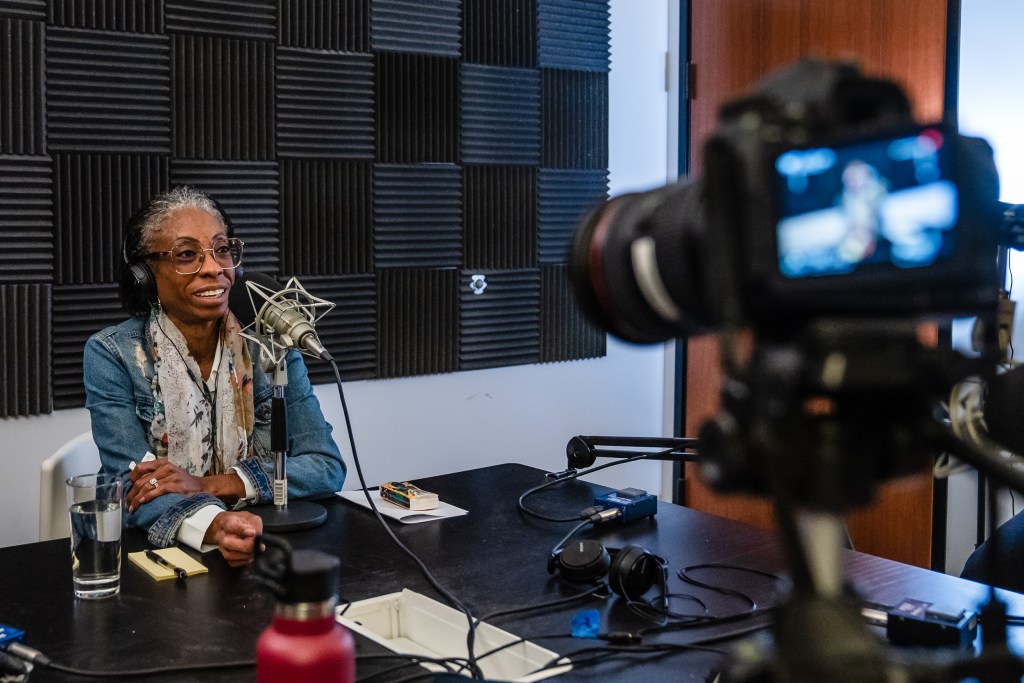 San Diego County Supervisor Monica Montgomery Steppe during Voice of San Diego's podcast in downtown on Dec. 11, 2023.