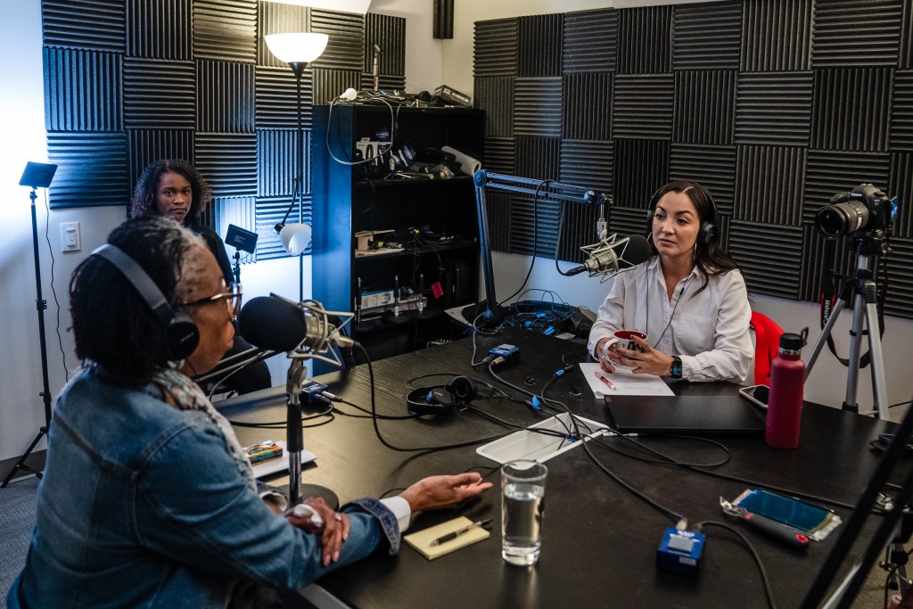 Managing Editor Andrea Lopez-Villafaña and San Diego County Supervisor Monica Montgomery Steppe during Voice of San Diego's podcast in downtown on Dec. 11, 2023.