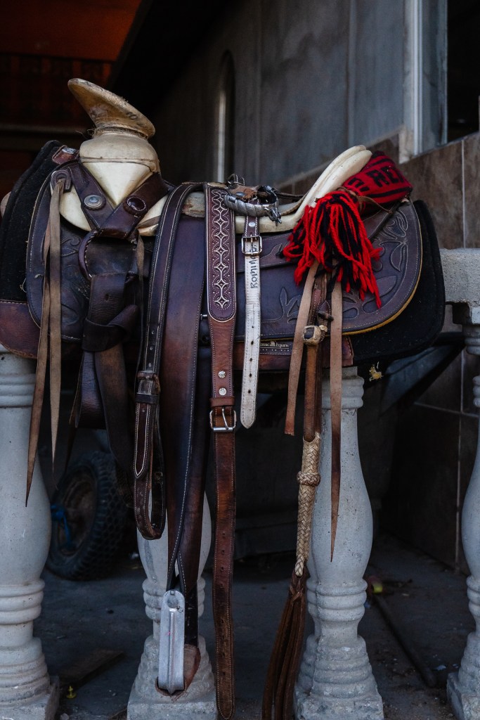 Manuel Bowser Gonzalez's horse saddle near his home in Tijuana on Dec. 13, 2023.