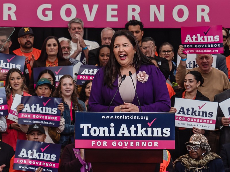 San Diego County Board of Supervisors Chair Nora Vargas speaks before Toni Atkins announces her candidacy for Governor of California in 2026 at the San Diego Air & Space Museum at Balboa Park on Jan. 19, 2024. / Ariana Drehsler for Voice of San Diego