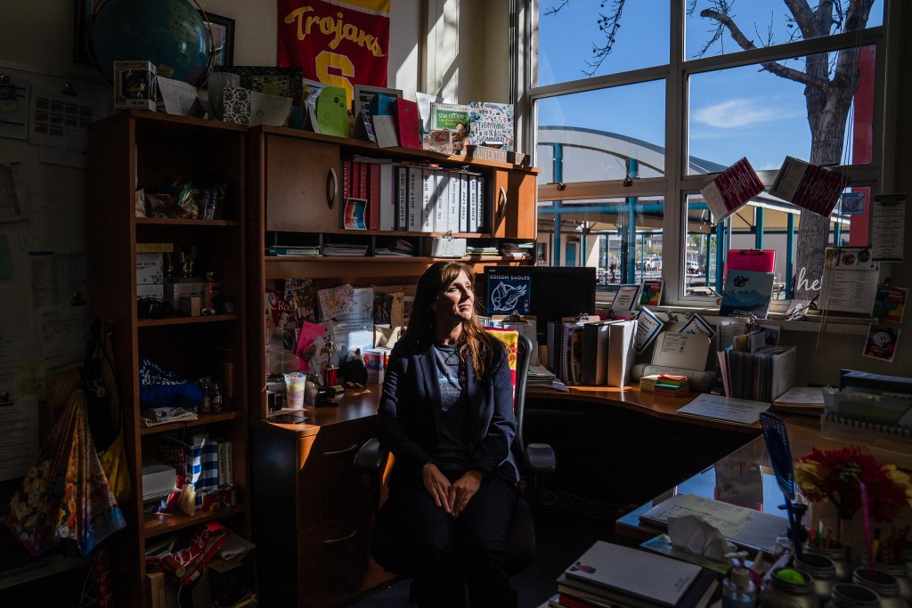 Edison Elementary School Principal Jamie Lee in her office in City Heights on Feb. 15, 2024. / Ariana Drehsler for Voice of San Diego