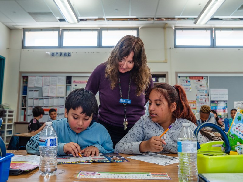 Third grade teacher Therese Leclerc with her students at Edison Elementary School in City Heights on Feb. 15, 2024. / Ariana Drehsler for Voice of San Diego