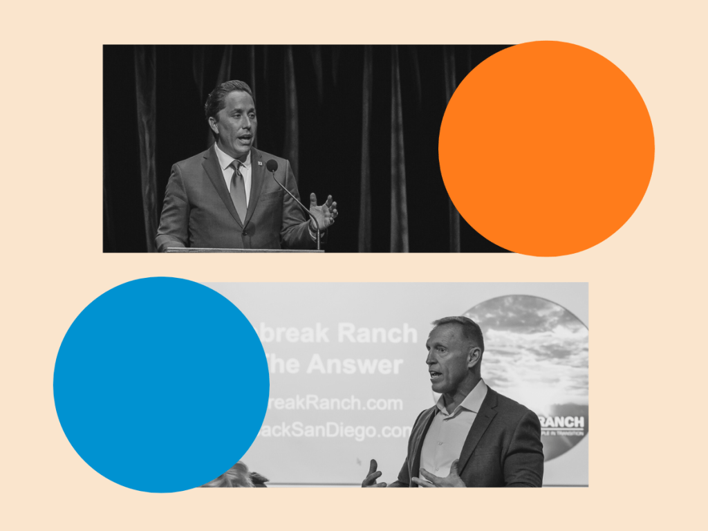 Mayor Todd Gloria and Larry Turner in stacked images with circle graphics