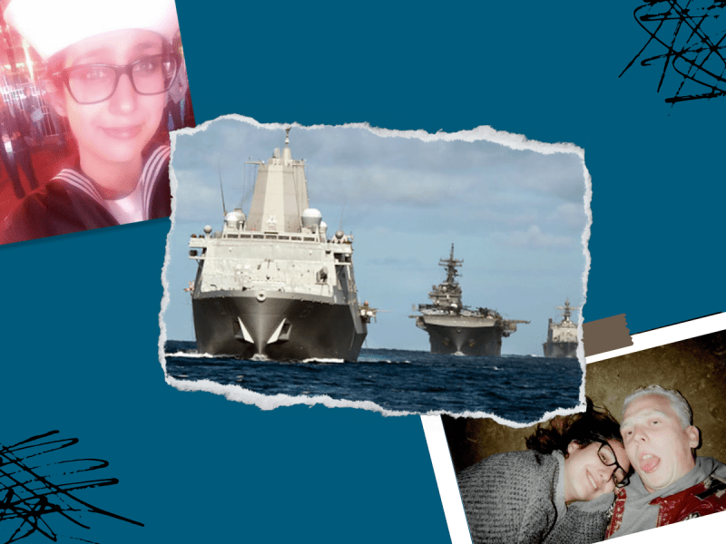 Collage of navy ships, photos of former Navy servicemember Tiara Gray