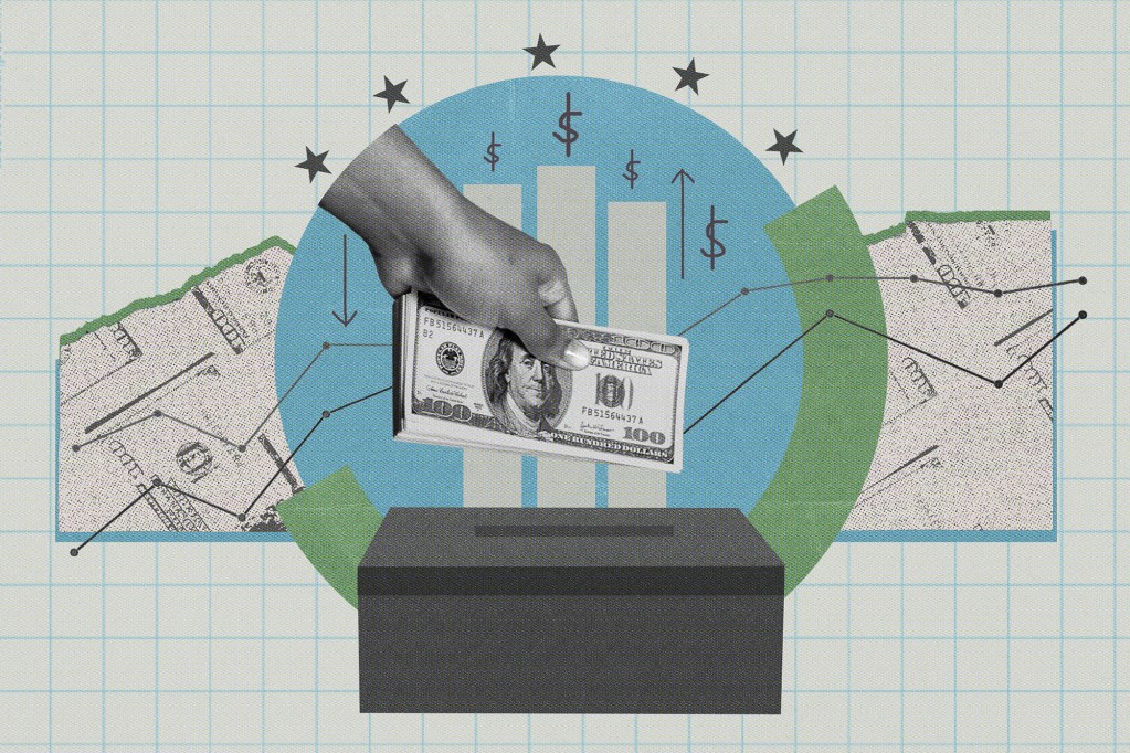 Illustration of a hand dropping money into a ballot box with other charts in the background. This depicts a new campaign finance law that could impact fundraising for races in November.