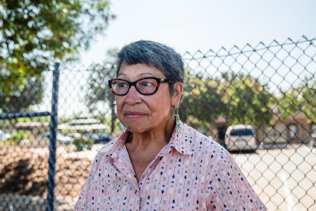 Marla Valadez near a homeless encampment in Spring Valley off of Jamacha Boulevard on July 31, 2024. Valadez has been living on the street since 2016. / Ariana Drehsler for Voice of San Diego