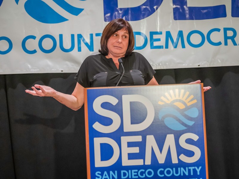 San Diego Unified School Board Trustee Sabrina Bazzo at the Westin Hotel in downtown San Diego on Tuesday, Nov. 5, 2024. / Photo by Vito di Stefano for Voice of San Diego
