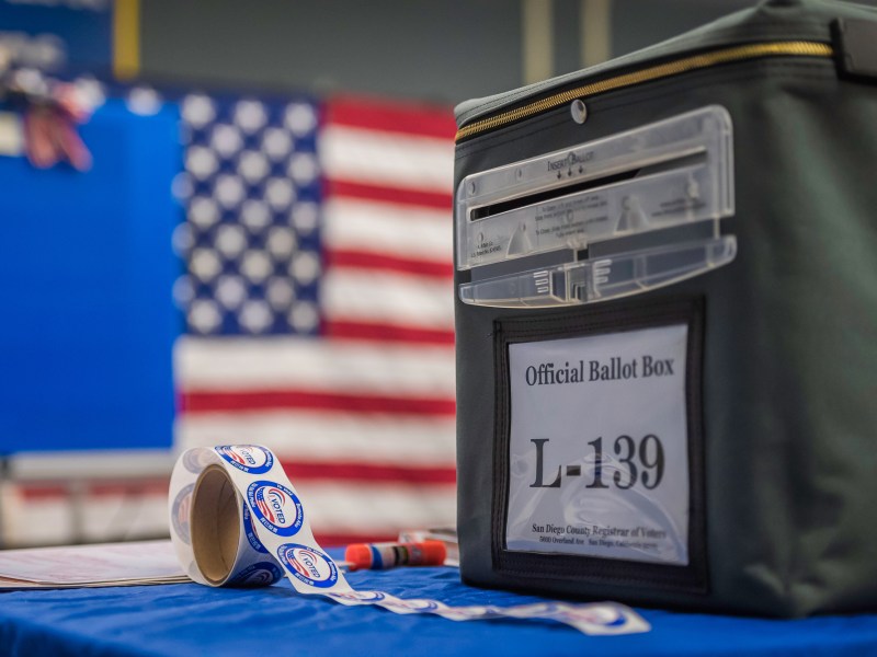 A San Diego County Registrar of Voters official ballot box at Cajon Park School in Santee on Tuesday, Nov. 5, 2024. / Photo by Vito di Stefano for Voice of San Diego