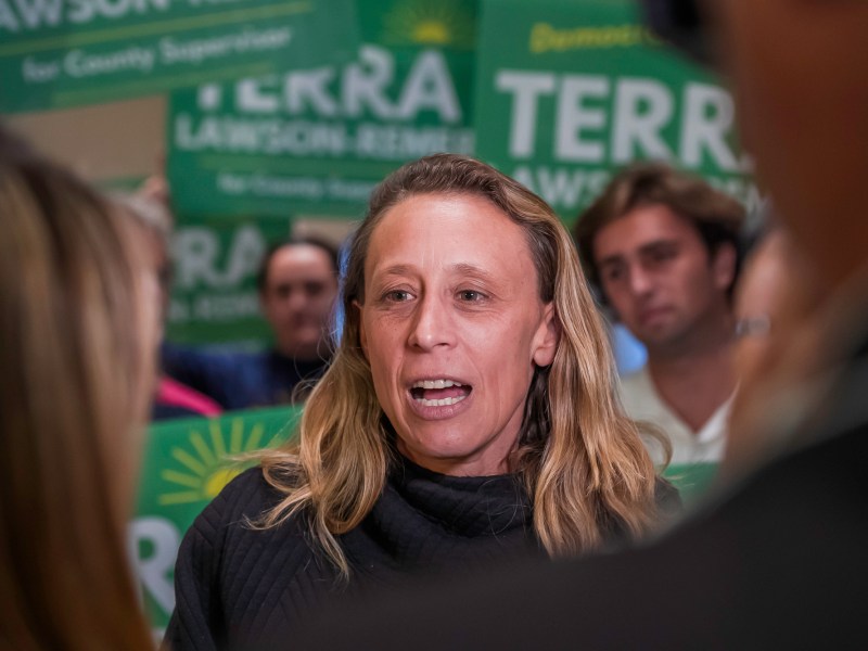 San Diego County Supervisor Terra Lawson-Remer at the San Diego County Democratic Party's Election Party at the Westin Hotel in downtown San Diego, California on Tuesday, Nov. 5, 2024. / Photo by Vito di Stefano for Voice of San Diego