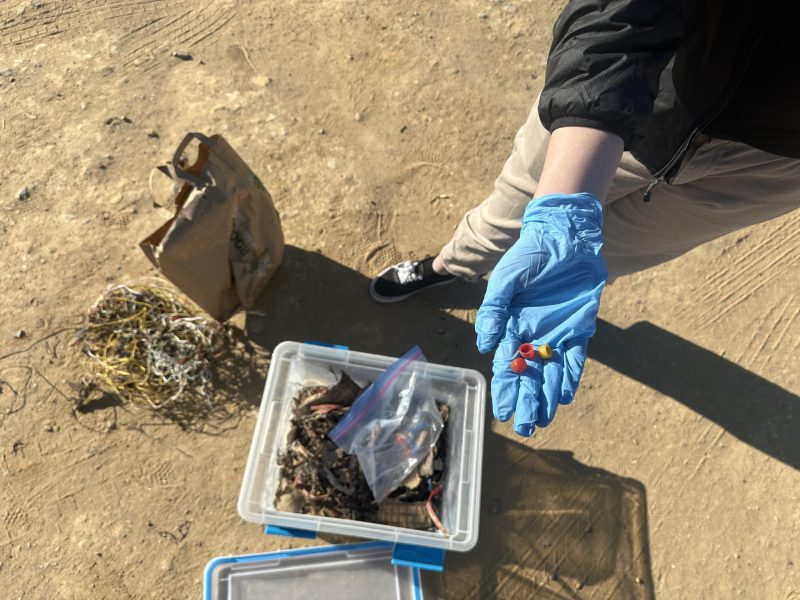 Natalie Clagett of Coast Law Group shows plastic caps from fireworks debris she collected following SeaWorld San Diego fireworks shows in May and October of 2024. SeaWorld's fireworks plan states that the company doesn't use fireworks with such caps. / MacKenzie Elmer