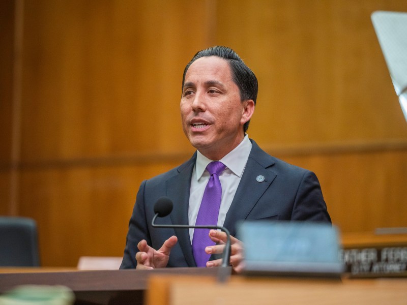San Diego Mayor Todd Gloria delivers his State of the City speech on the 12th floor of the City Administration Building, in downtown San Diego, California on Jan. 15, 2025. / Photo by Vito di Stefano for Voice of San Diego