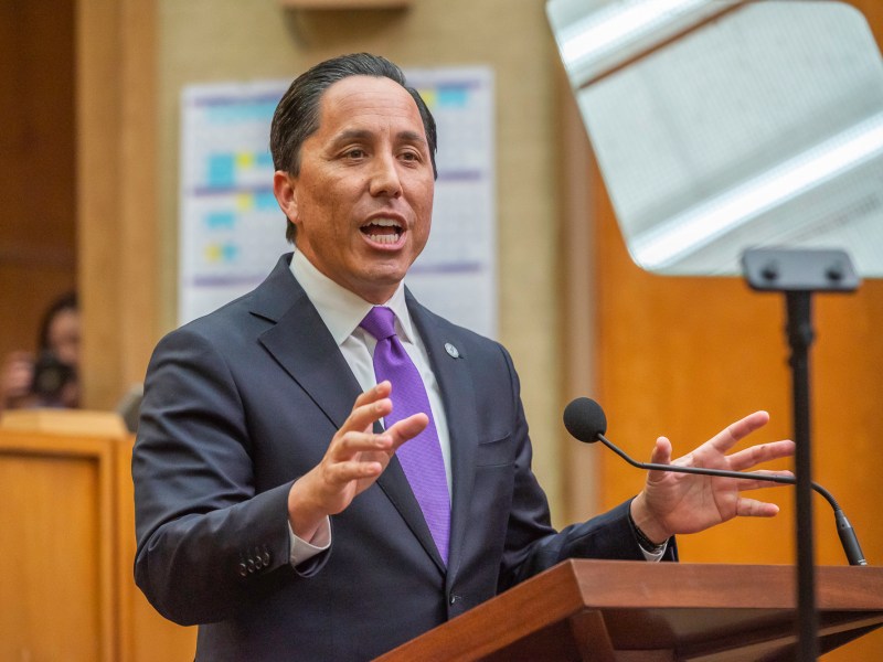 San Diego Mayor Todd Gloria delivers his State of the City speech on the 12th floor of the City Administration Building, in downtown San Diego, California on Jan. 15, 2025. / Photo by Vito di Stefano for Voice of San Diego
