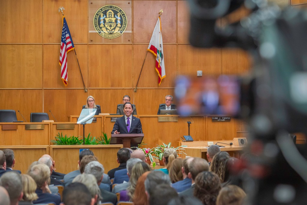 San Diego Mayor Todd Gloria delivers his State of the City speech on the 12th floor of the City Administration Building, in downtown San Diego, California on Jan. 15, 2025. / Photo by Vito di Stefano for Voice of San Diego