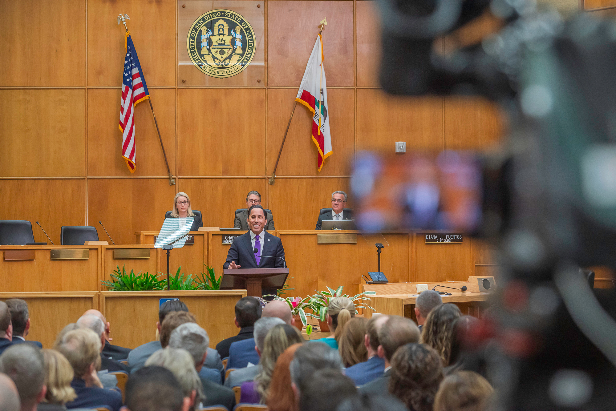 San Diego Mayor Todd Gloria delivers his State of the City speech on the 12th floor of the City Administration Building, in downtown San Diego, California on Jan. 15, 2025. / Photo by Vito di Stefano for Voice of San Diego