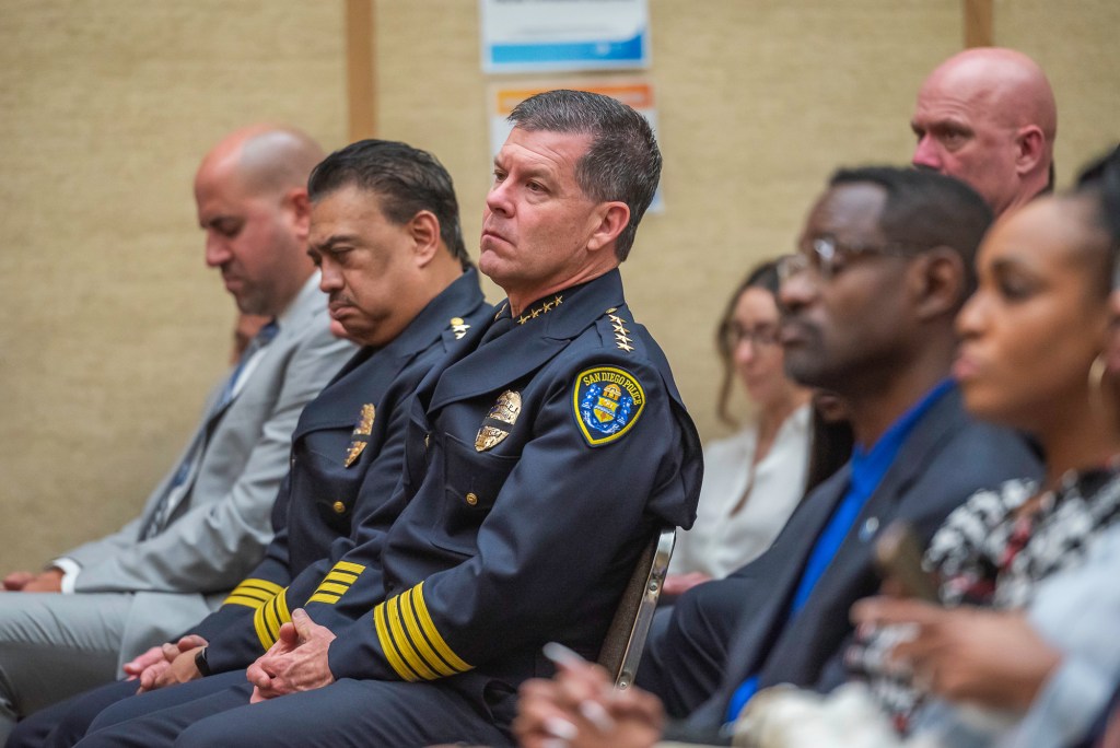 Police Chief Scott Wahl (center) attends the San Diego State of the City speech on Wednesday, Jan. 15, 2025, at City Hall in downtown San Diego. / Photo by Vito di Stefano