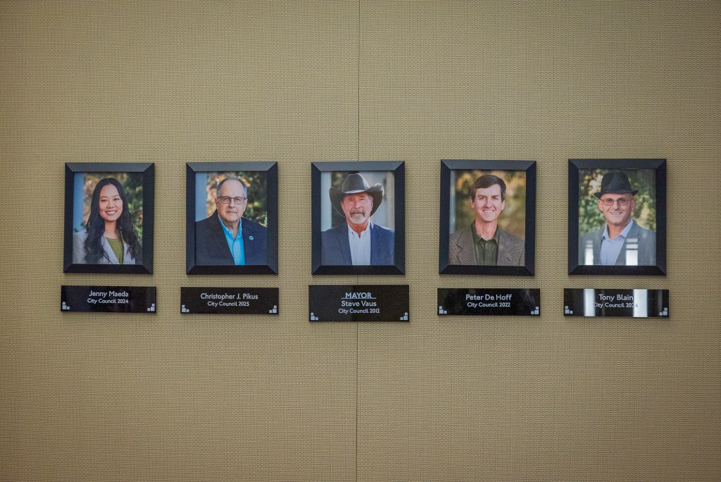Photos of the Poway City Council at the Robert C. Emery City Council Chambers building in Poway on April 15, 2025. / Vito di Stefano for Voice of San Diego