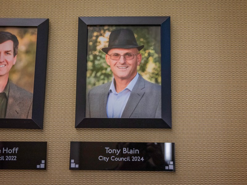 Photo of the Poway Councilmember Tony Blain at the Robert C. Emery City Council Chambers building in Poway on April 15, 2025. / Vito di Stefano for Voice of San Diego