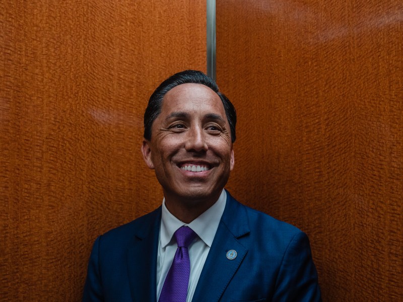 San Diego Mayor Todd Gloria in the elevator at City Hall on July 22, 2025, in downtown. / Ariana Drehsler for Voice of San Diego