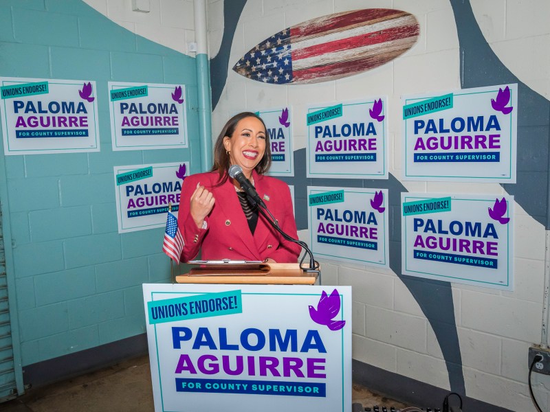 Imperial Beach Mayor Paloma Aguirre speaks to supporters at Novo Brazil Brewery in Imperial Beach on Tuesday, July 1, 2025. / Photo by Vito di Stefano for Voice of San Diego