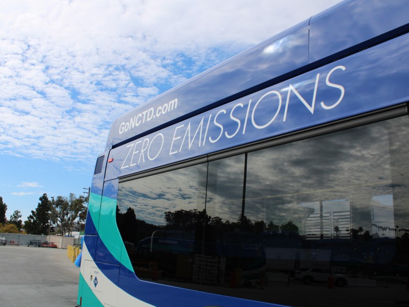 A hydrogen bus parked at North County Transit District’s West Bus Division located in Oceanside, Calif. on Friday, Oct. 10, 2025. / Jenna Ramiscal