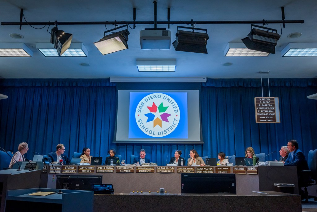 Board trustees and district officials during a San Diego Unified School Board meeting on Monday, Jan. 26, 2026. The board listens to presentations for proposed housing developments. / Vito Di Stefano for Voice of San Diego