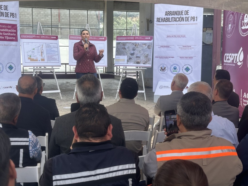 Baja California, Marina Del Pilar Ávila speaks to crowd outside PB-1 in Tijuana on April 27, 2026. / MacKenzie Elmer