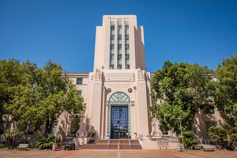 The San Diego County Administration Building in downtown San Diego on Wednesday, April 8, 2026. / Vito Di Stefano for Voice of San Diego