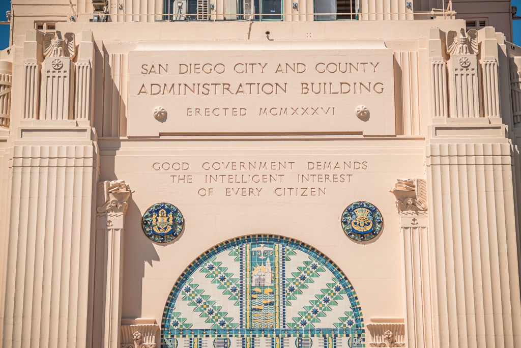 The San Diego County Administration Building in downtown San Diego on Wednesday, April 8, 2026. / Vito Di Stefano for Voice of San Diego