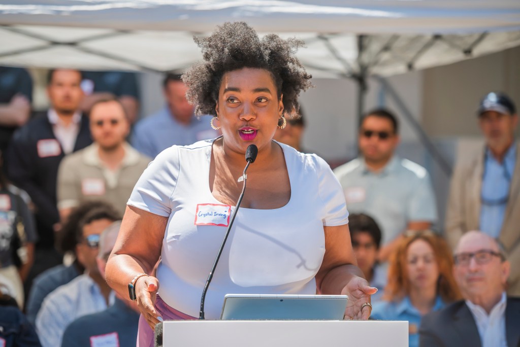Crystal Irving, president of SEIU Local 221, speaks at a press conference on Charter Reform at the County Administration Building in downtown San Diego on Wednesday, April 8, 2026. / Vito Di Stefano for Voice of San Diego