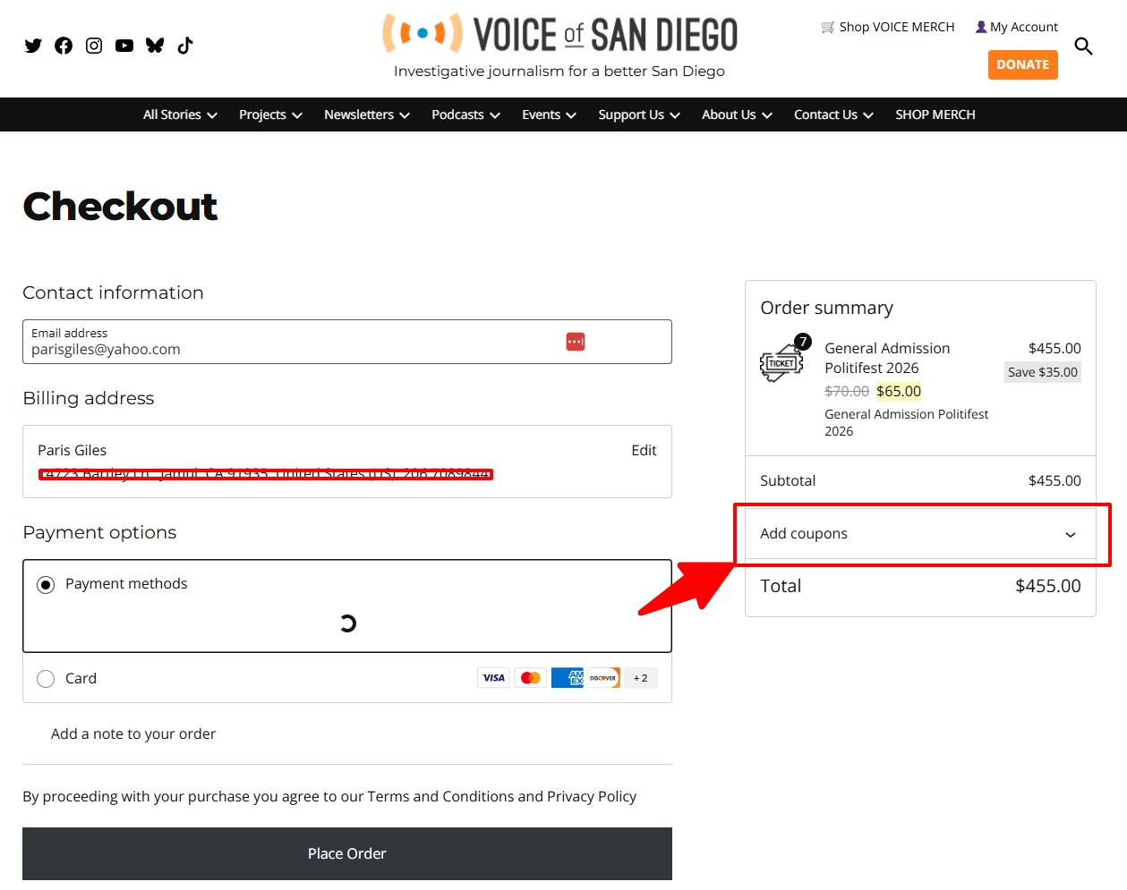 Example showing where to enter and apply a coupon code in the Politifest shopping cart